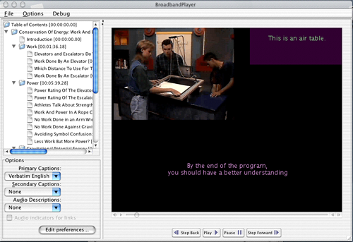 Screen shot showing one view of the player